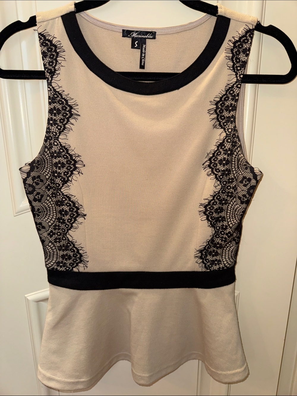 Marineblu Beige and Black Lace Peplum Tank Top